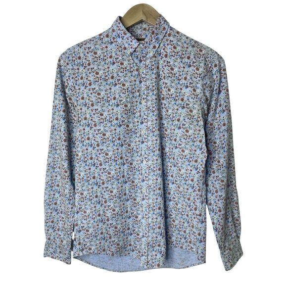 Zara Man Mens Size Medium Slim Fit Button Down Shirt Long Sleeve Blue Floral - Picture 1 of 9